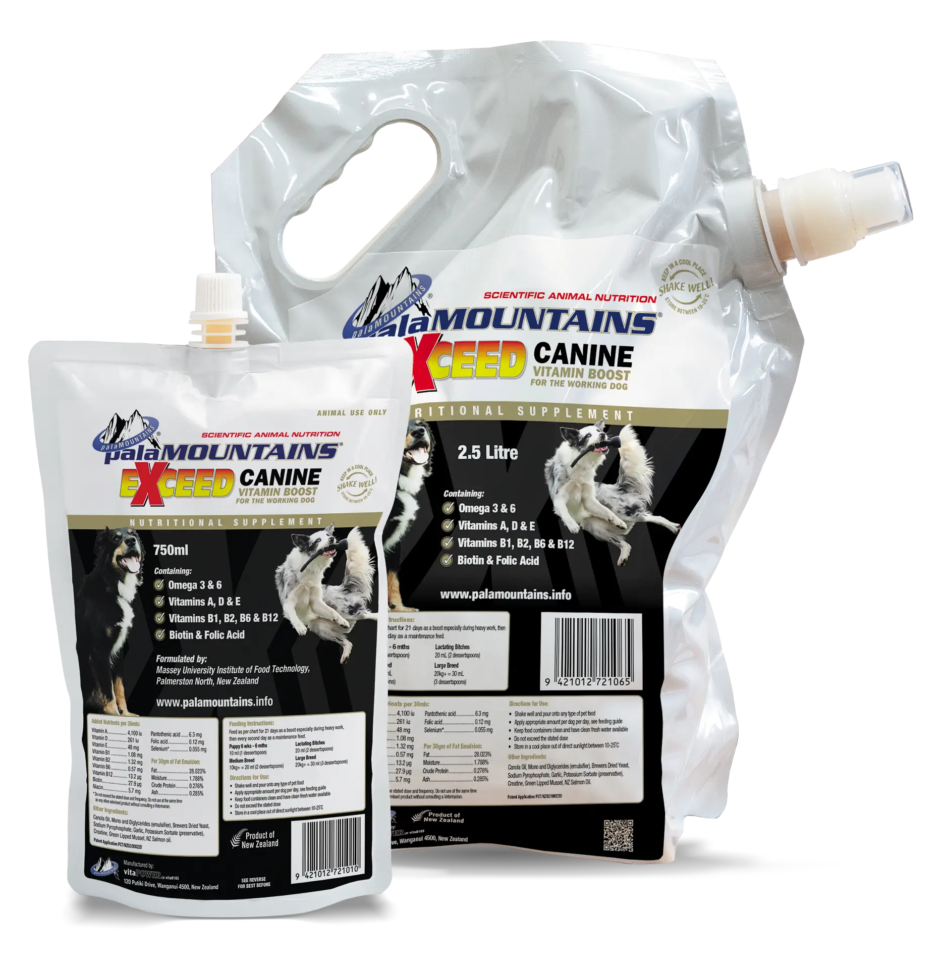 Two pouches of palaMountains Exceed Canine Vitamin Boost nutritional supplement for working dogs, one 2.5-litre pouch with a handle and spout and one 750ml pouch with a screw cap, both featuring images of active Border Collies and information on ingredients like Omega 3 & 6, vitamins A, D & E, B1, B2, B6 & B12, biotin, and folic acid.